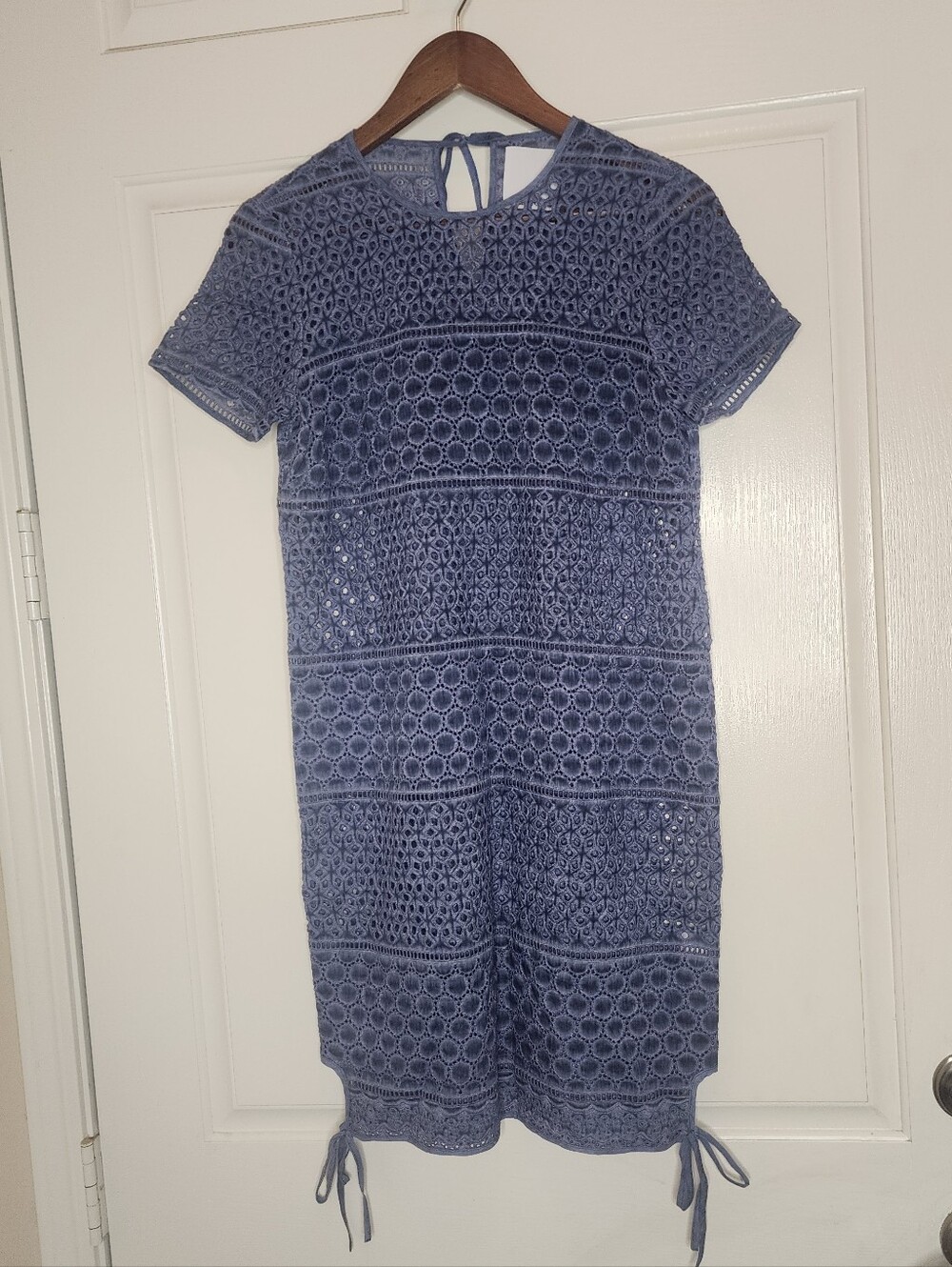 Prose & Poetry Blue Geo Eyelet Mini Dress Shift Side Tie Detailing - XS